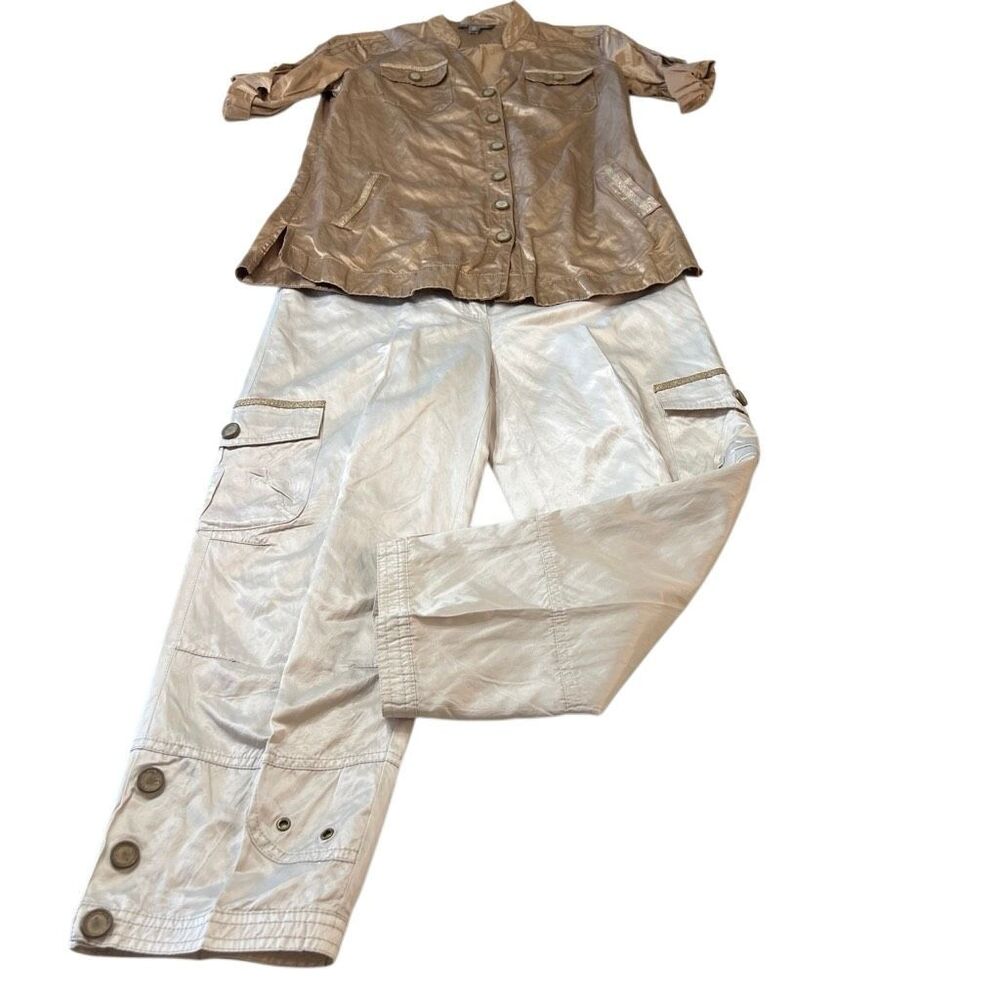 Spanner Women's Button Up Shirt and Cargo Pants Set 2 Piece Bronze Cream Size 2